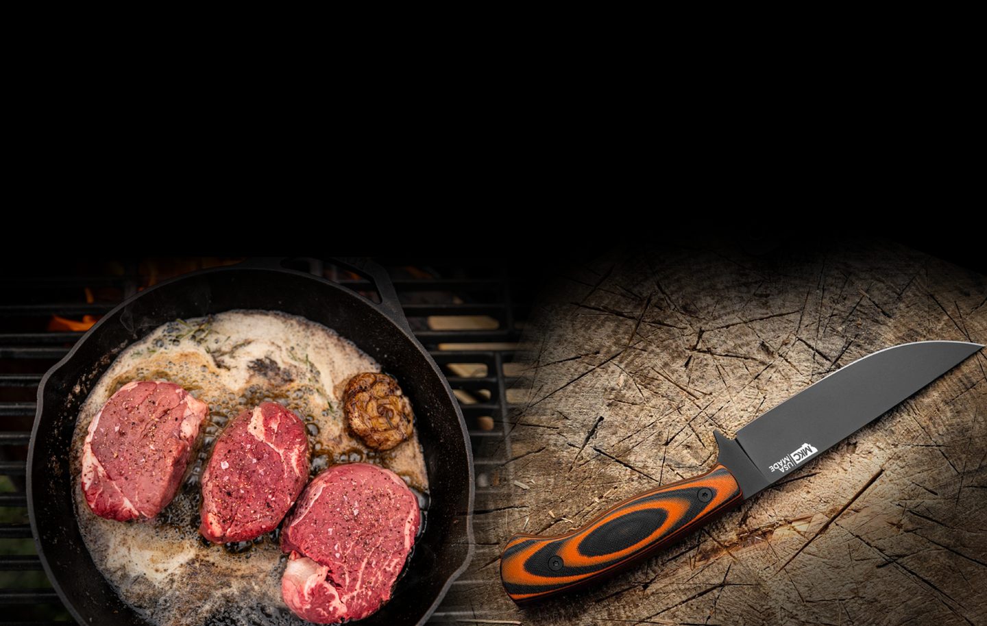 Forward Farms steaks in a cast-iron skillet on a grill, and a Montana Knife Company Super Cub knife on a wood stump